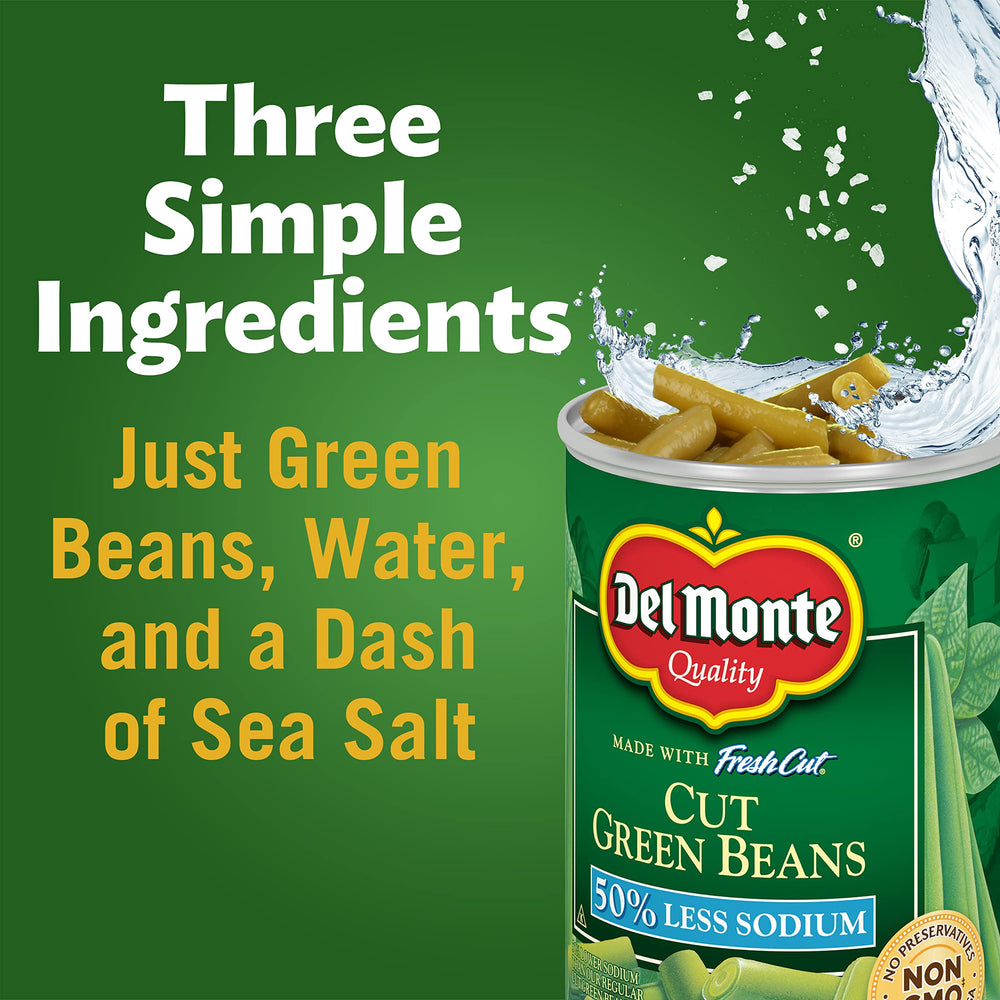 Del Monte Blue Lake green beans on pantry shelf Non-GMO.