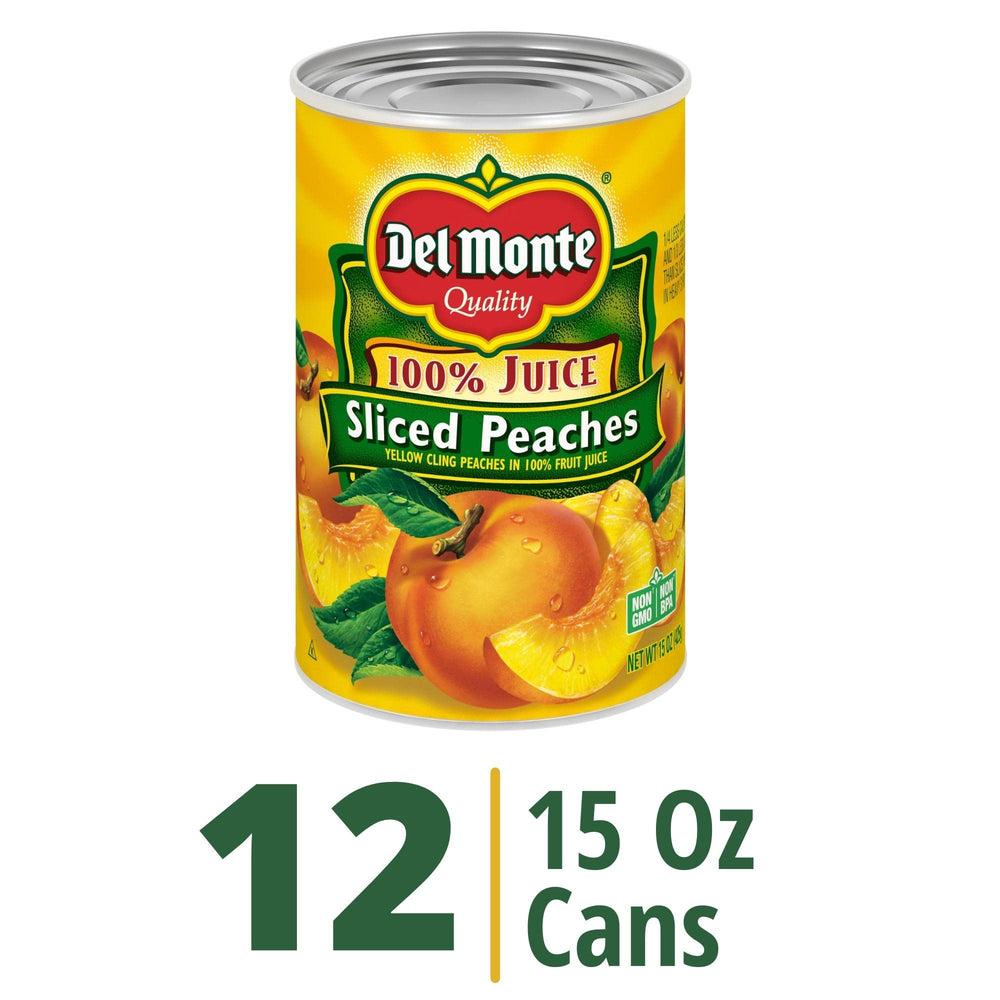 Close-up of Del Monte peaches in juice can, showcasing natural sweetness.