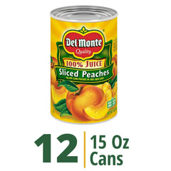 Close-up of Del Monte peaches in juice can, showcasing natural sweetness.