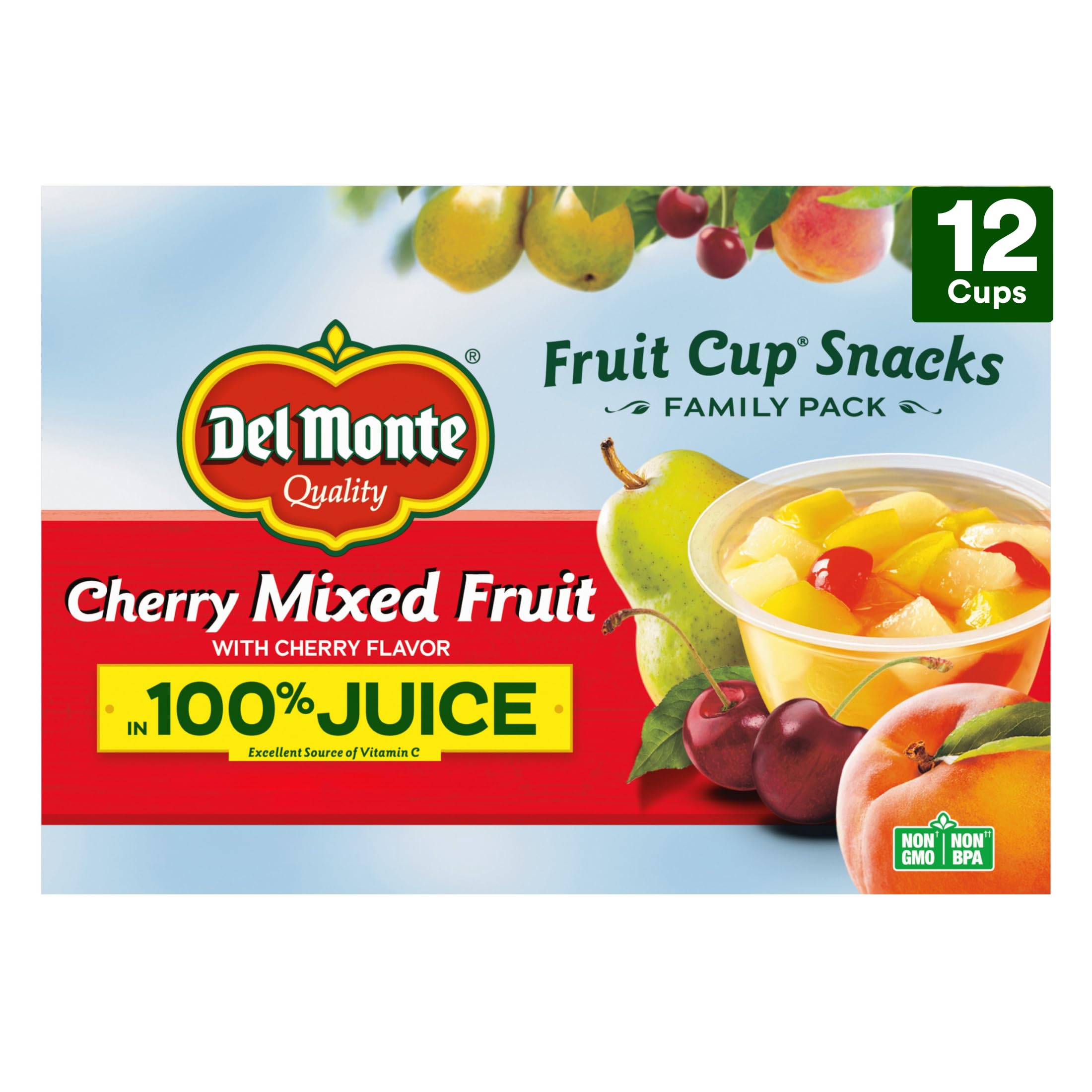 Del Monte cherry-fl flavored mixed fruit cups in juice, grab-and-go snack option.