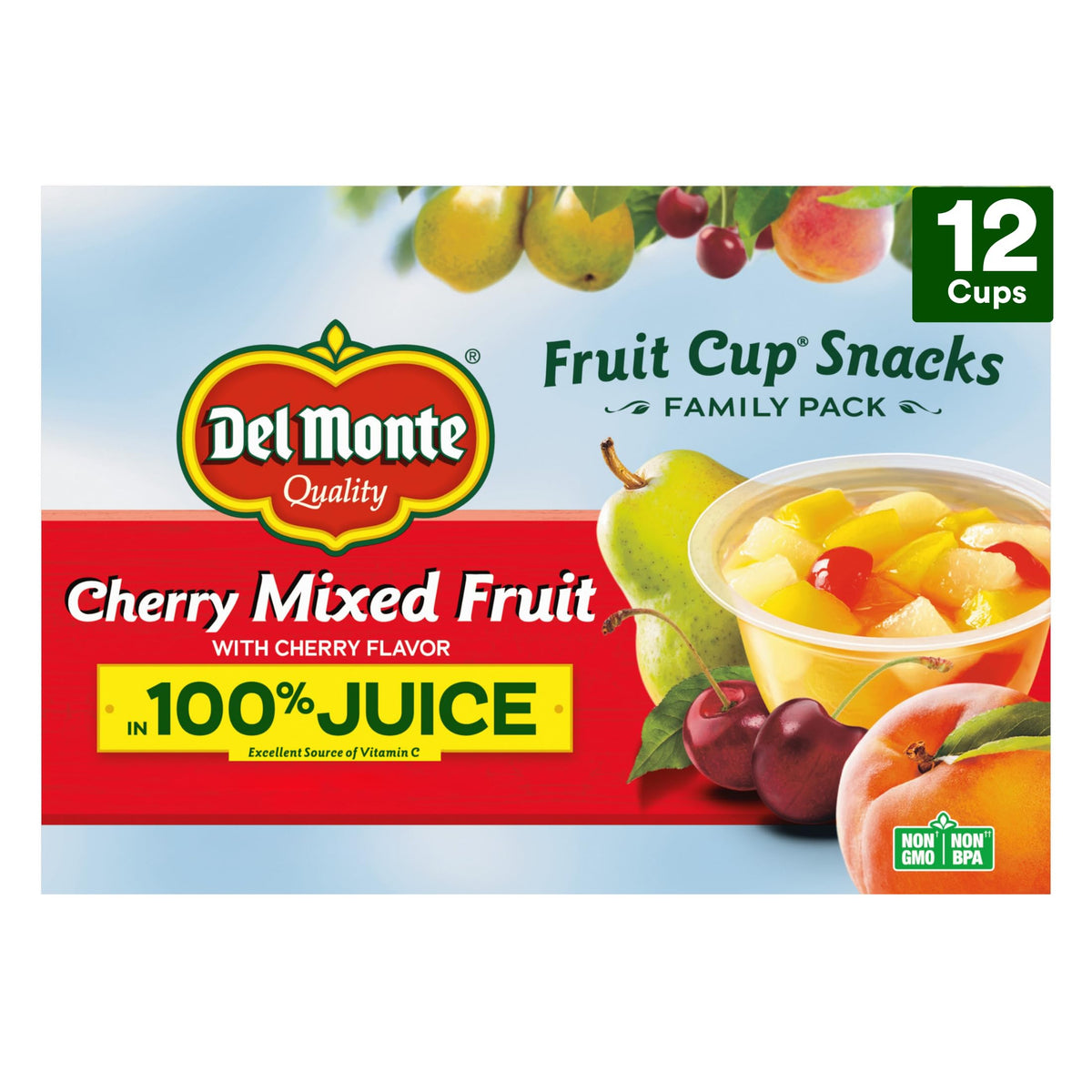 Del Monte cherry-fl flavored mixed fruit cups in juice, grab-and-go snack option.