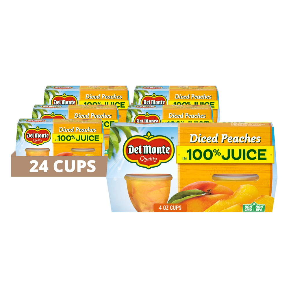 Del Monte Diced Peaches fruit cup six 4-packs, convenient family snack.