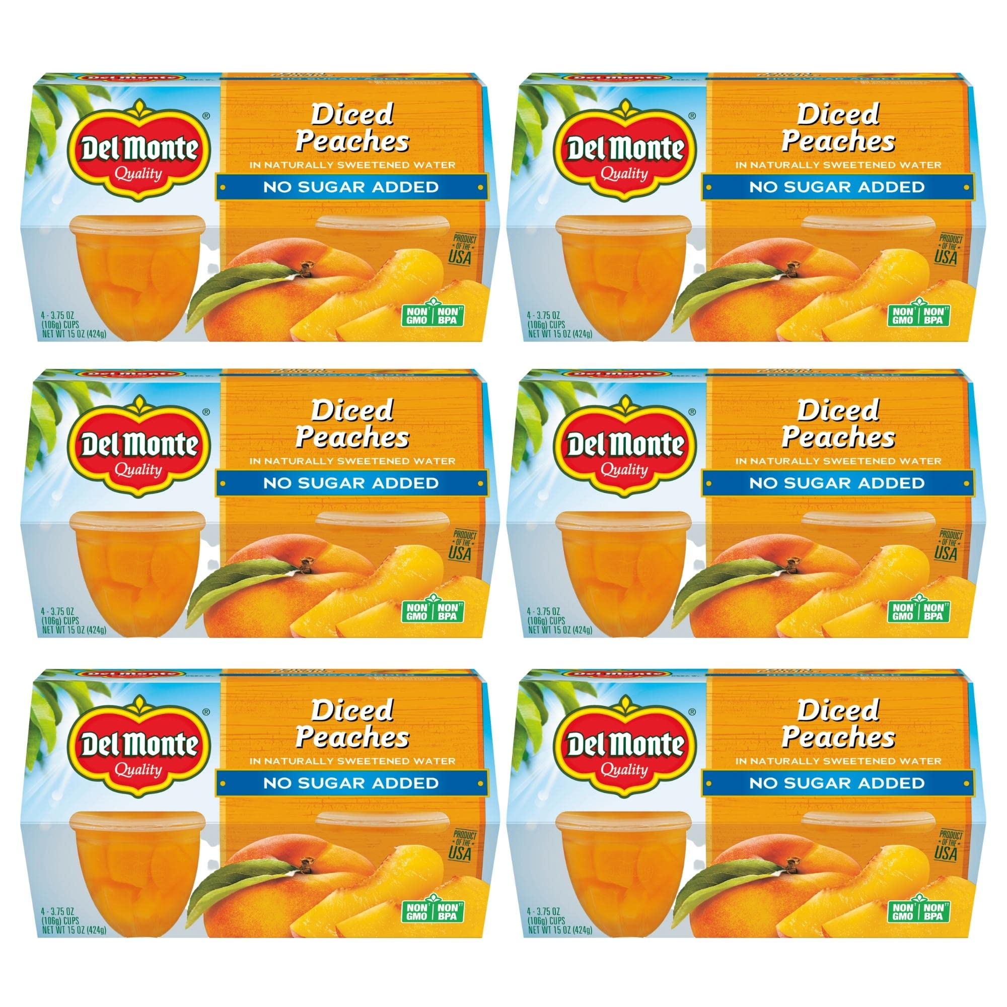 Del Monte diced peaches fruit cup top view with juicy slices ready to grab