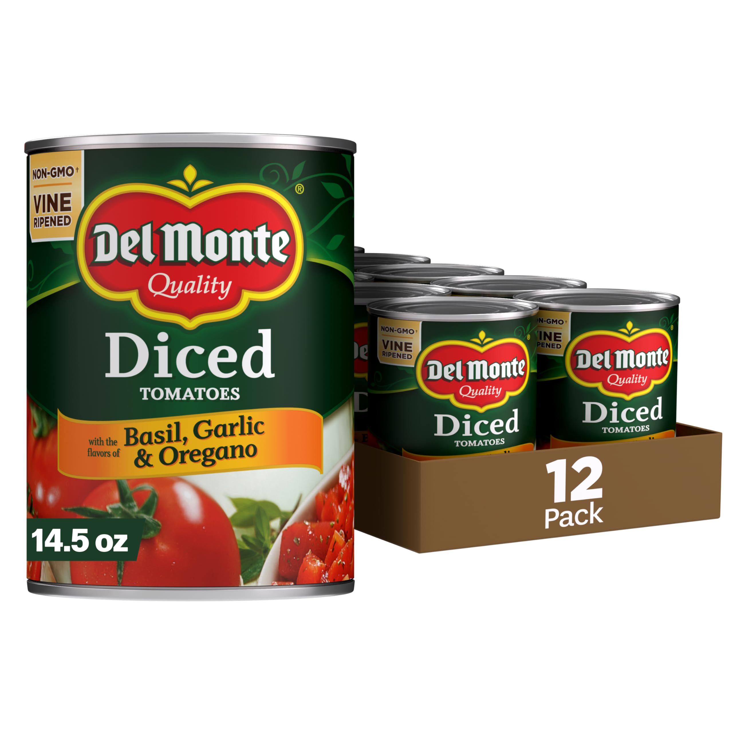 Del Monte diced tomatoes with basil, garlic and oregano in can, ideal sauce base for quick meals