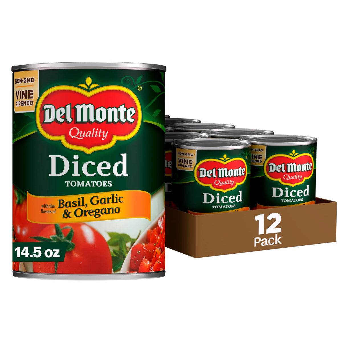 Del Monte diced tomatoes with basil, garlic and oregano in can, ideal sauce base for quick meals