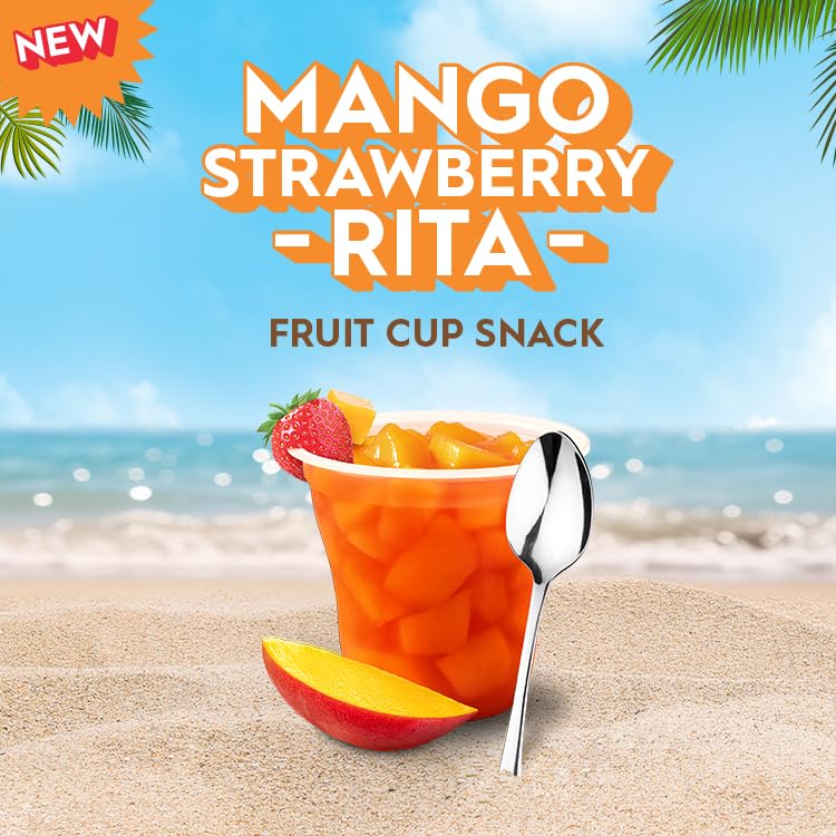 Del Monte Escapes Mango Strawberry-Rita close-up shows juicy fruit pieces in light syrup