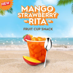 Del Monte Escapes Mango Strawberry-Rita close-up shows juicy fruit pieces in light syrup