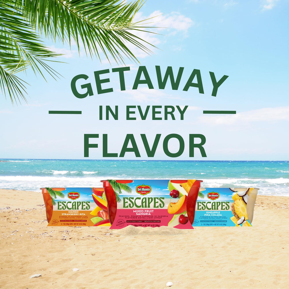 Six two-packs offering a convenient 12-cup Del Monte Escapes set.