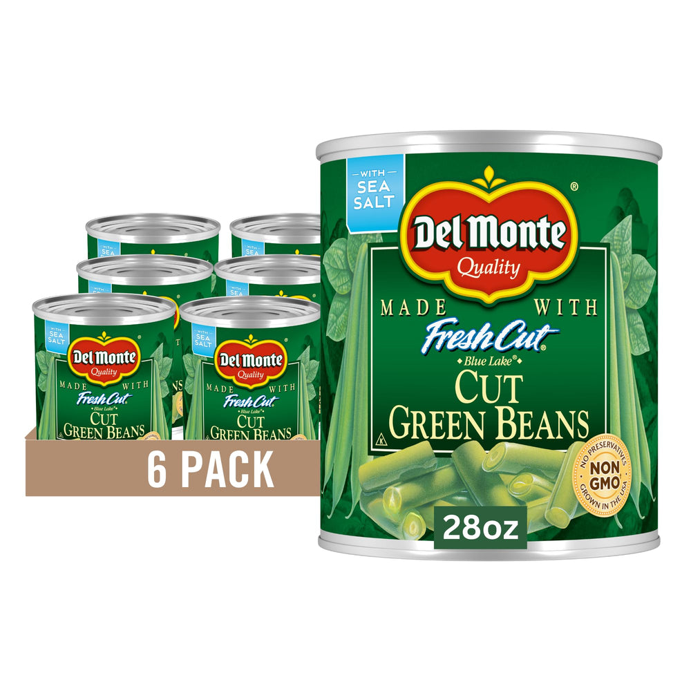 Del Monte Fresh Cut Blue Lake Green Beans can closeup, crisp texture for easy meals.