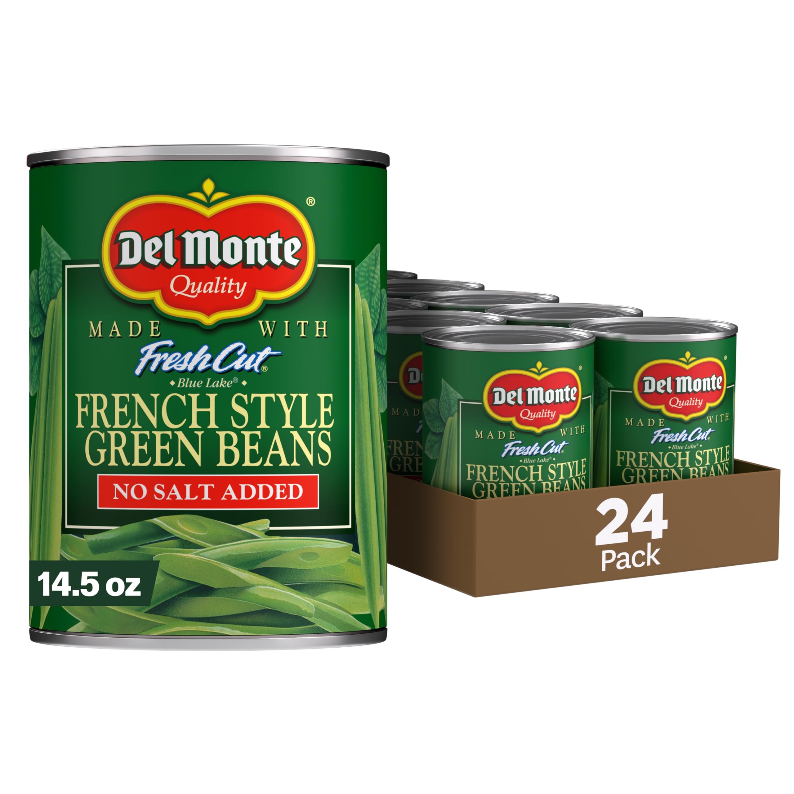 Del Monte Fresh Cut Blue Lake beans in a can label, no salt added, ready for customizable meals.