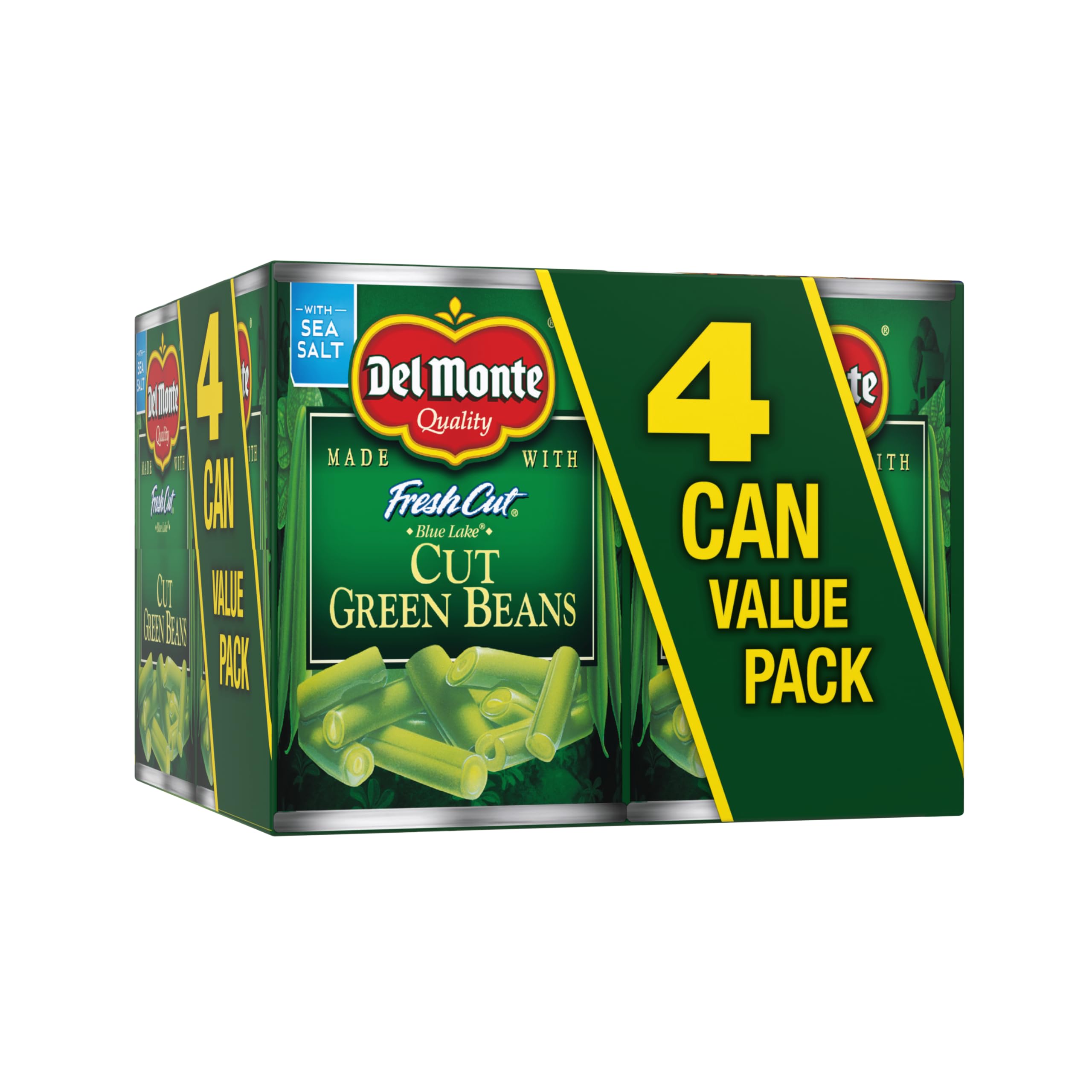 Del Monte Fresh Cut Blue Lake green beans four-pack cans, ready for quick weeknight sides.