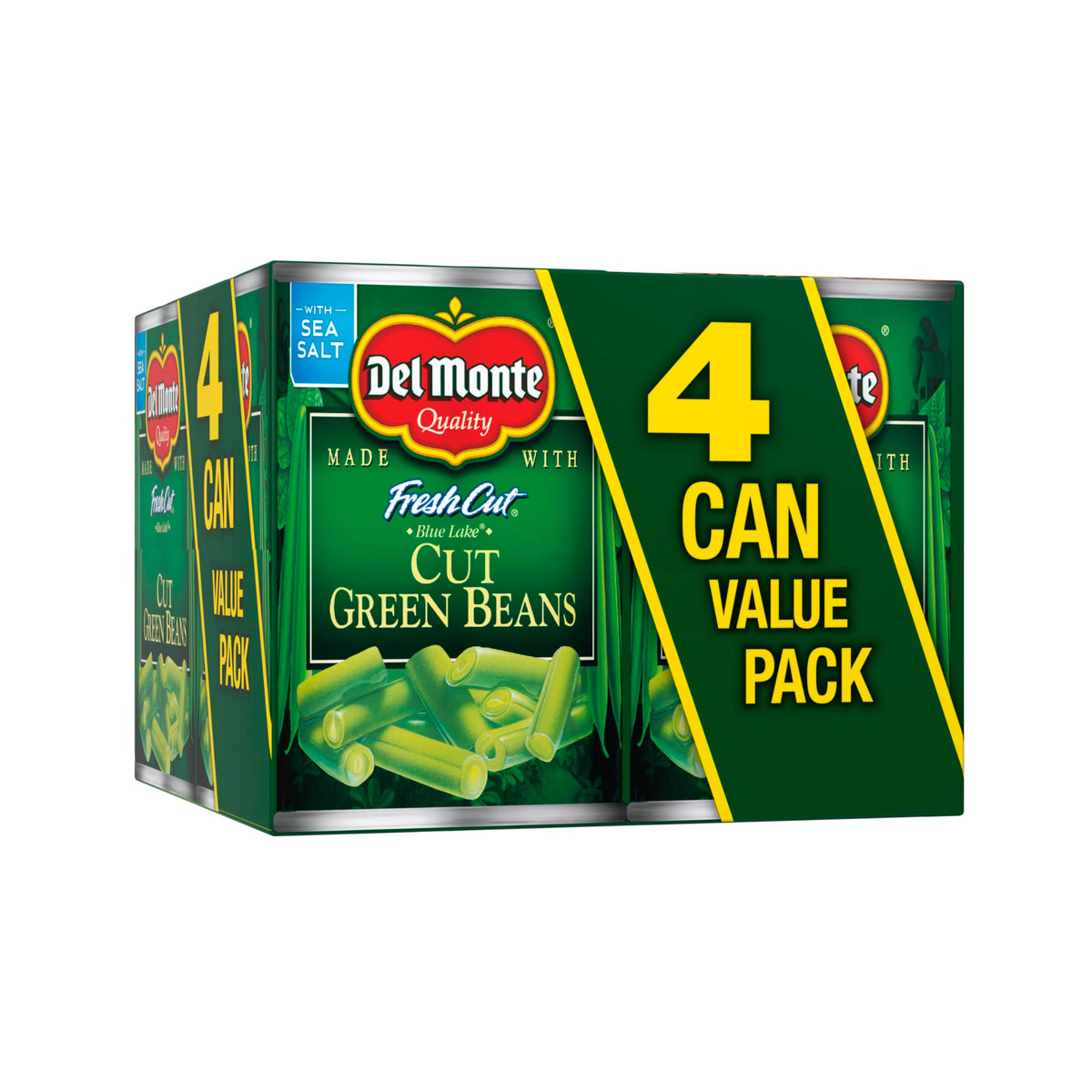 Del Monte Fresh Cut Blue Lake green beans four-pack cans, ready for quick weeknight sides.