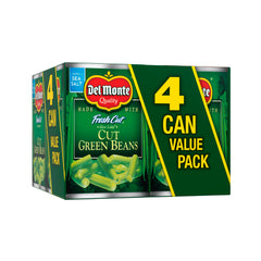 Del Monte Fresh Cut Blue Lake green beans four-pack cans, ready for quick weeknight sides.