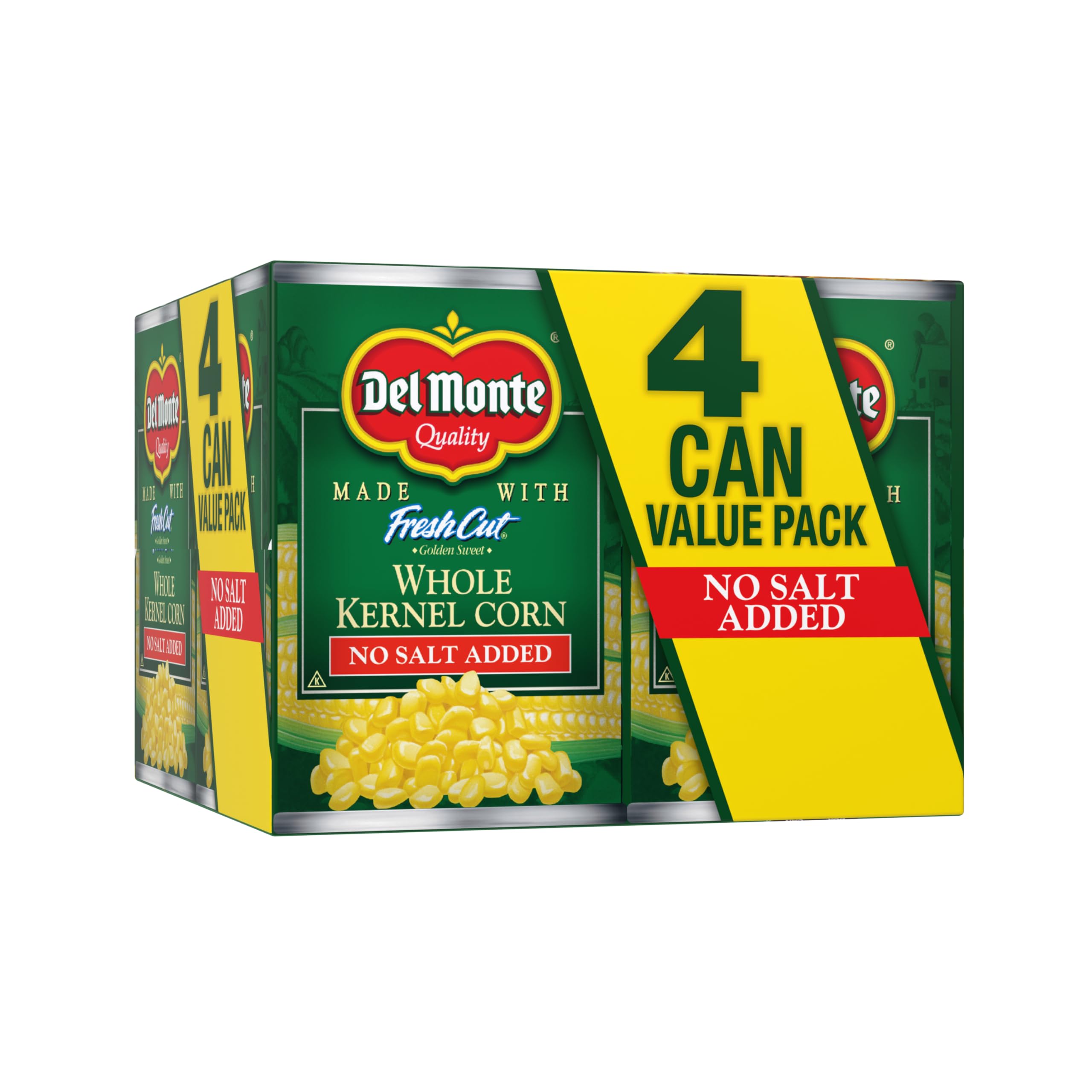 Del Monte Fresh Cut Golden Sweet corn can with glossy kernels, ready to serve as a quick side.