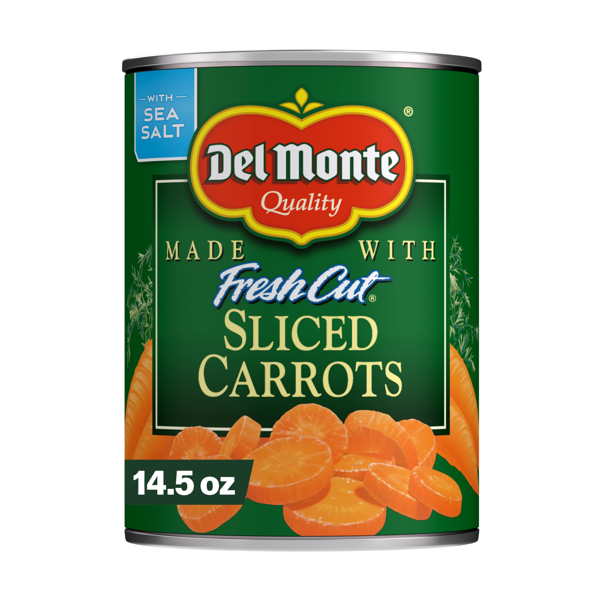 Del Monte Fresh Cut Sliced Carrots can front, ready to heat for quick sides.