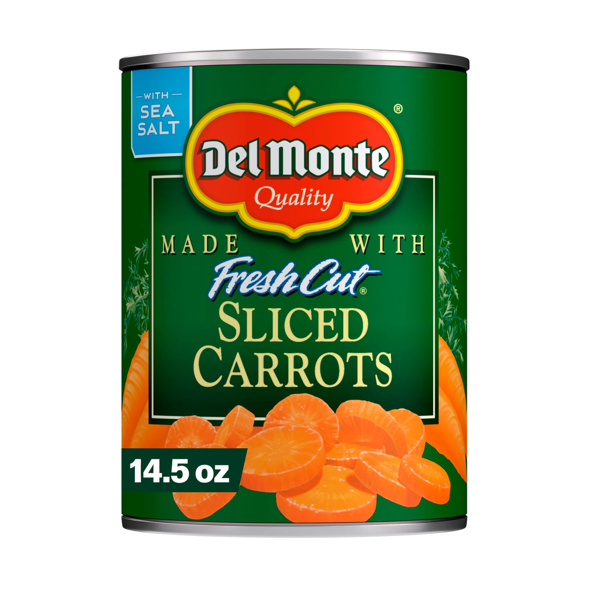Del Monte Fresh Cut Sliced Carrots can front, ready to heat for quick sides.