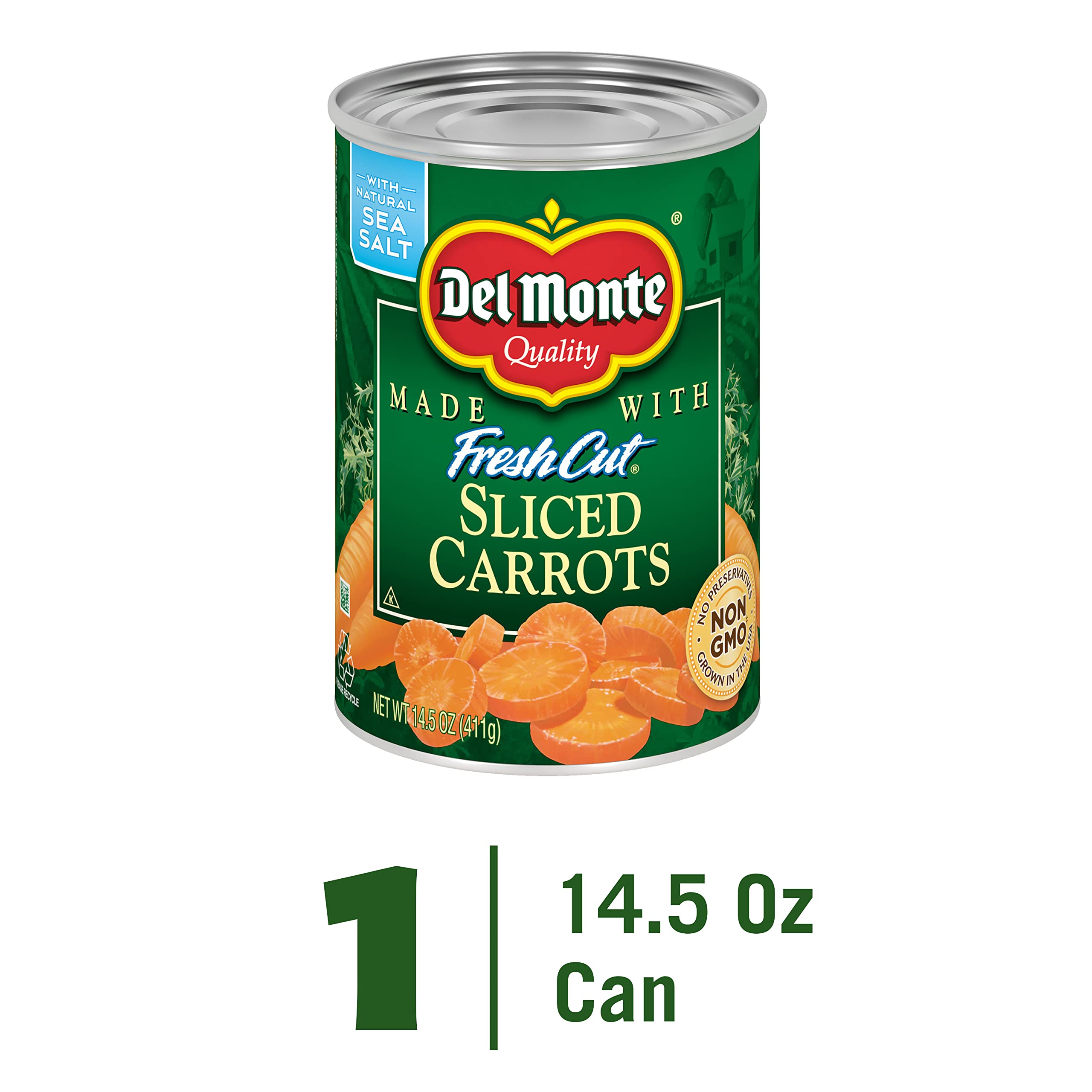 Del Monte Fresh Cut Sliced Carrots can side angle, ideal for quick dinners.
