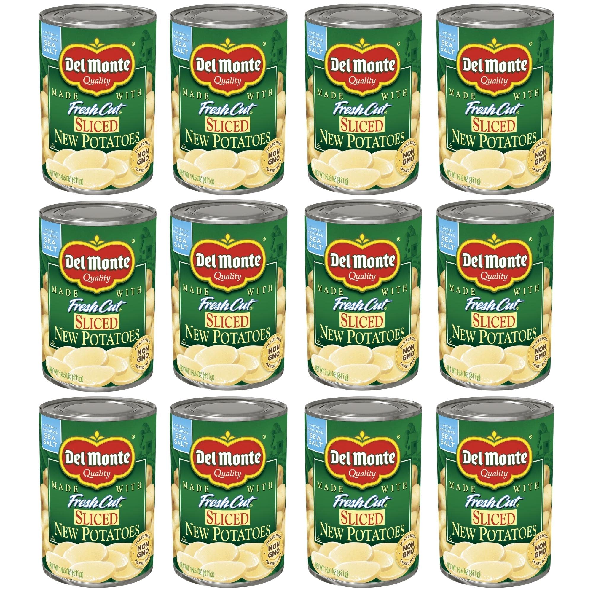 Del Monte Fresh Cut Sliced Potatoes can, ready to heat for a quick side.
