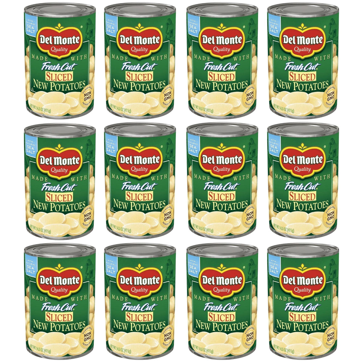 Del Monte Fresh Cut Sliced Potatoes can, ready to heat for a quick side.