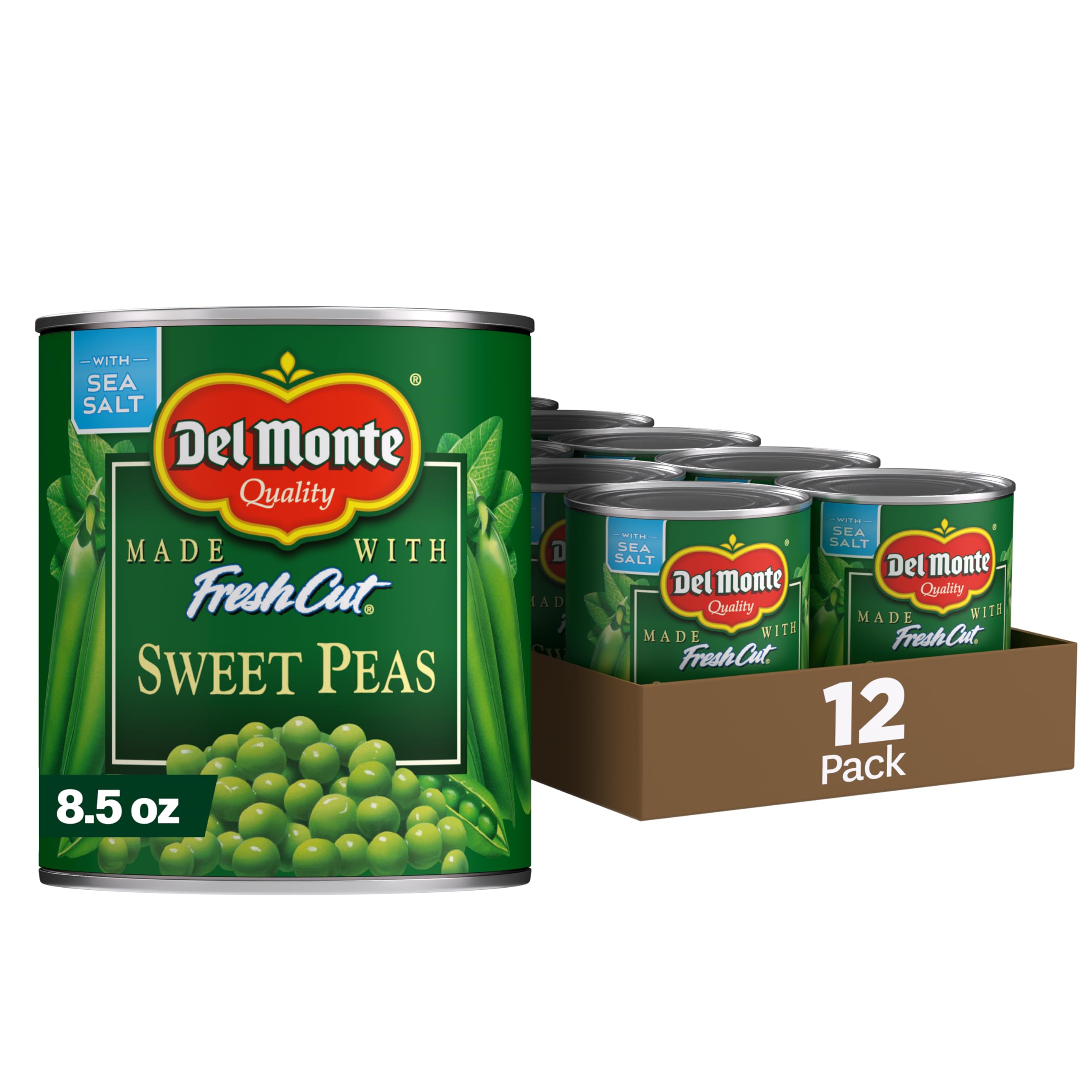 Del Monte Fresh Cut Sweet Peas 12-pack can for pantry convenience.