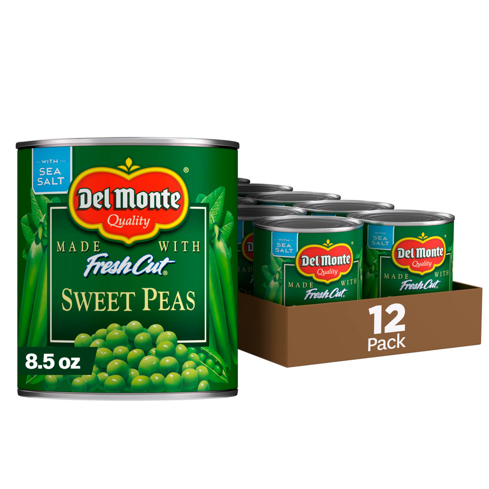 Del Monte Fresh Cut Sweet Peas 12-pack can for pantry convenience.