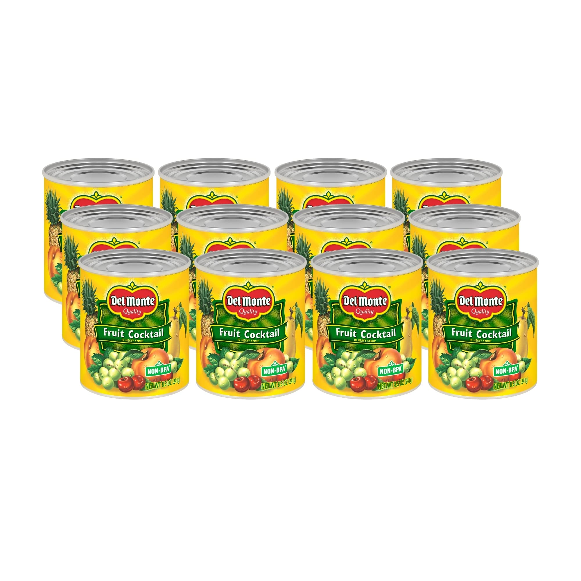 Del Monte fruit cocktail in heavy syrup served in a bowl, convenient snack option.