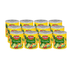 Del Monte fruit cocktail in heavy syrup served in a bowl, convenient snack option.