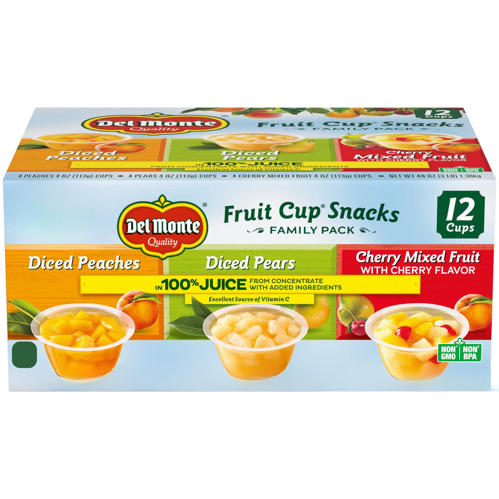 Del Monte Fruit Cup Snacks with diced peaches in a 4oz cup, ideal for on-the-go mornings.