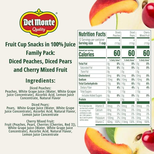 Del Monte Fruit Cup Snacks with diced pears in a 4oz cup for lunchbox freshness.