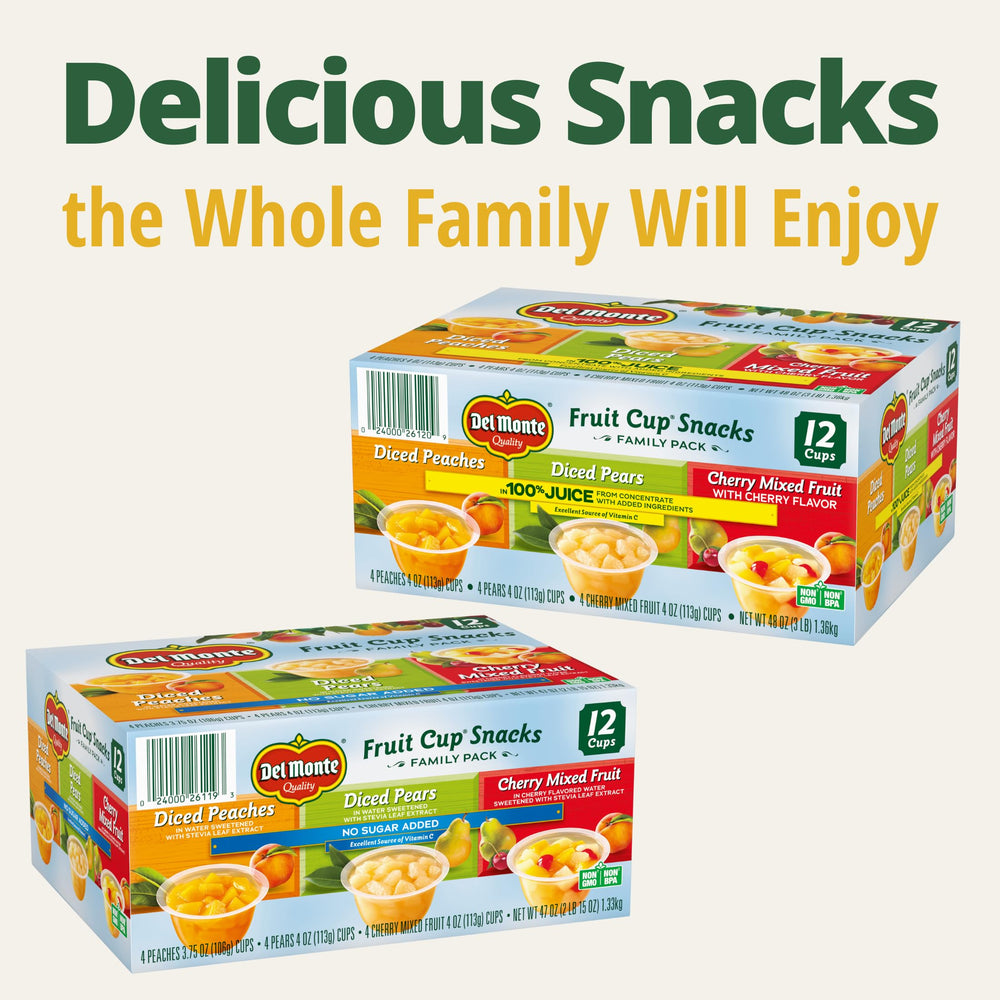 Del Monte Fruit Cup Snacks easy-open peel lid for quick enjoyment anywhere.