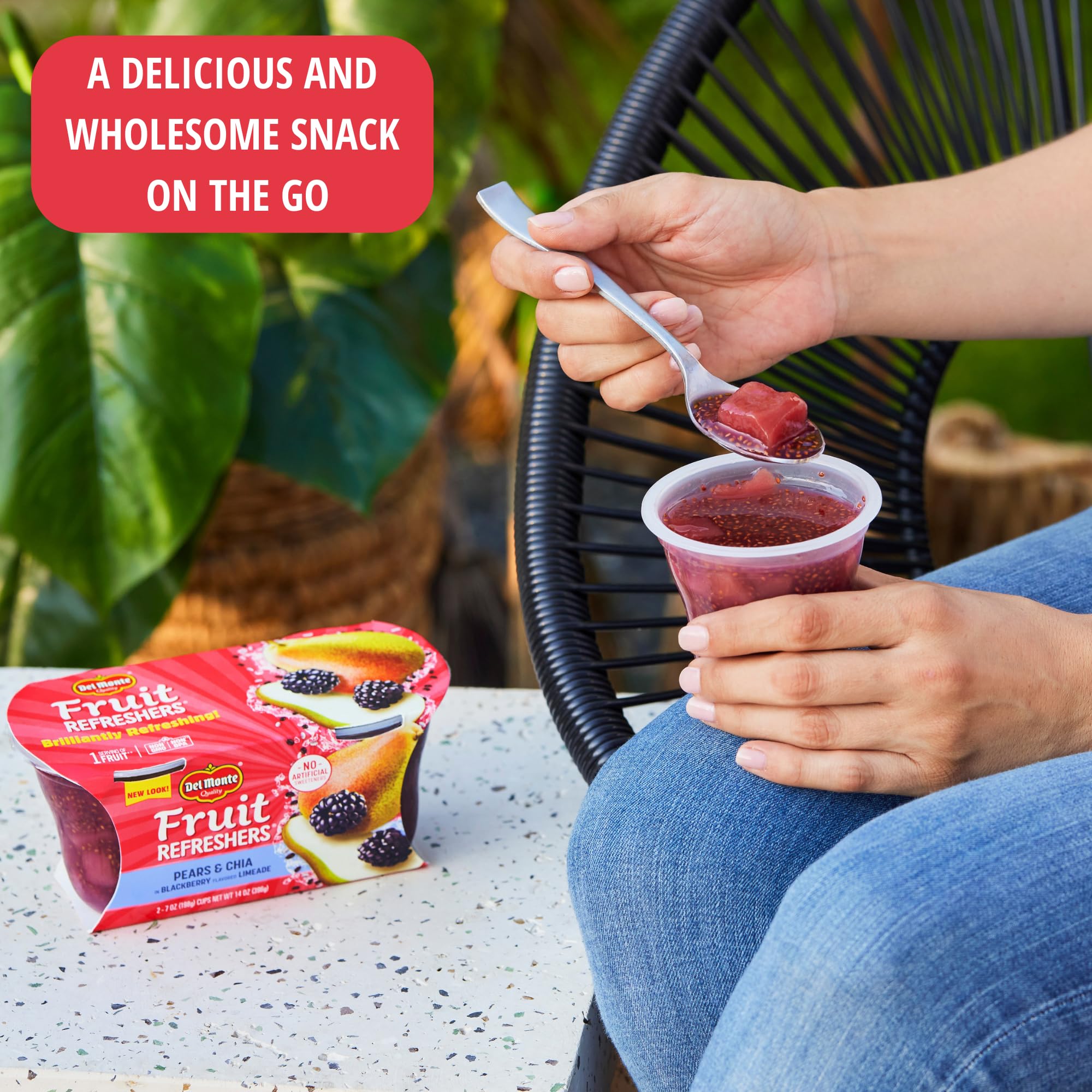 Del Monte slightly sweetened fruit water flavor pairs with fruit pieces for a refreshing bite.