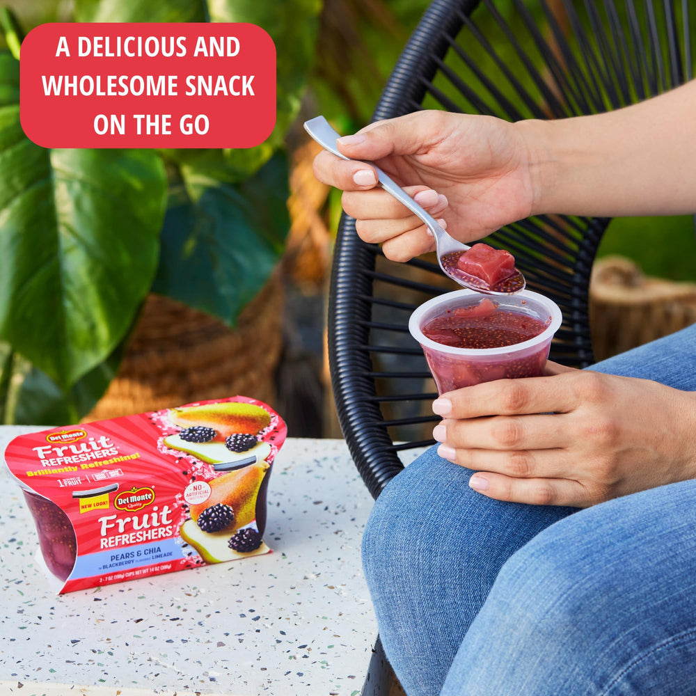 Del Monte slightly sweetened fruit water flavor pairs with fruit pieces for a refreshing bite.