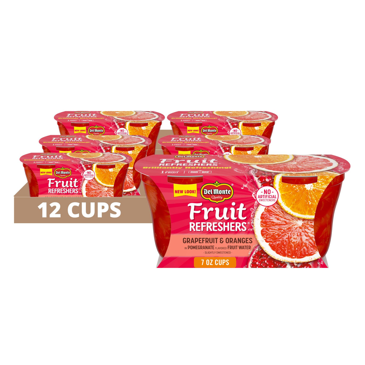 Del Monte Fruit Refreshers cup with open lid shows grapefruit and orange segments for on-the-go snacking.