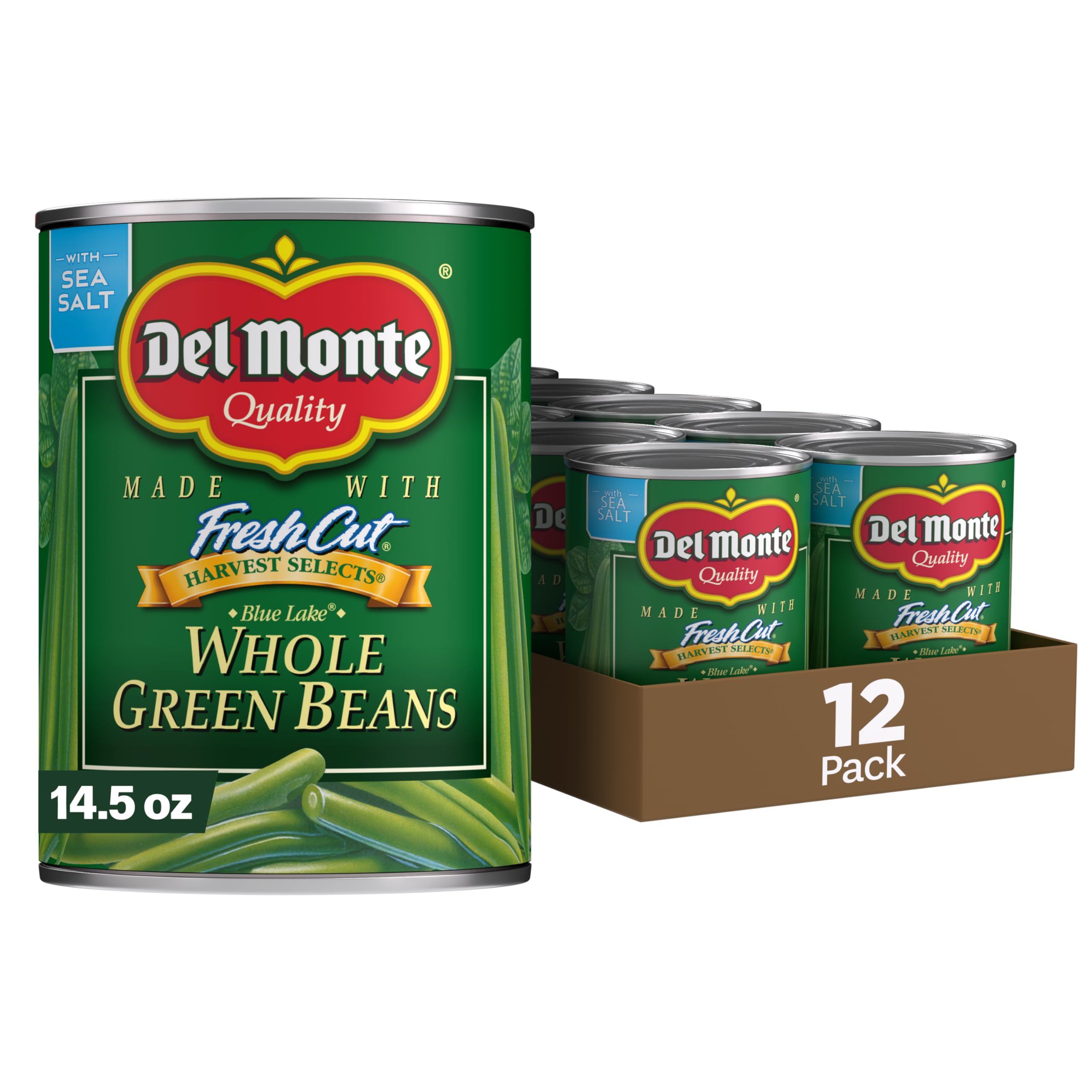 Del Monte Harvest Selects Blue Lake green beans can front, convenient ready-to-heat side.