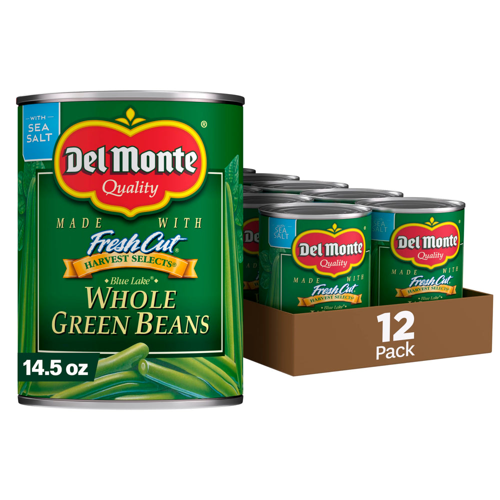 Del Monte Harvest Selects Blue Lake green beans can front, convenient ready-to-heat side.