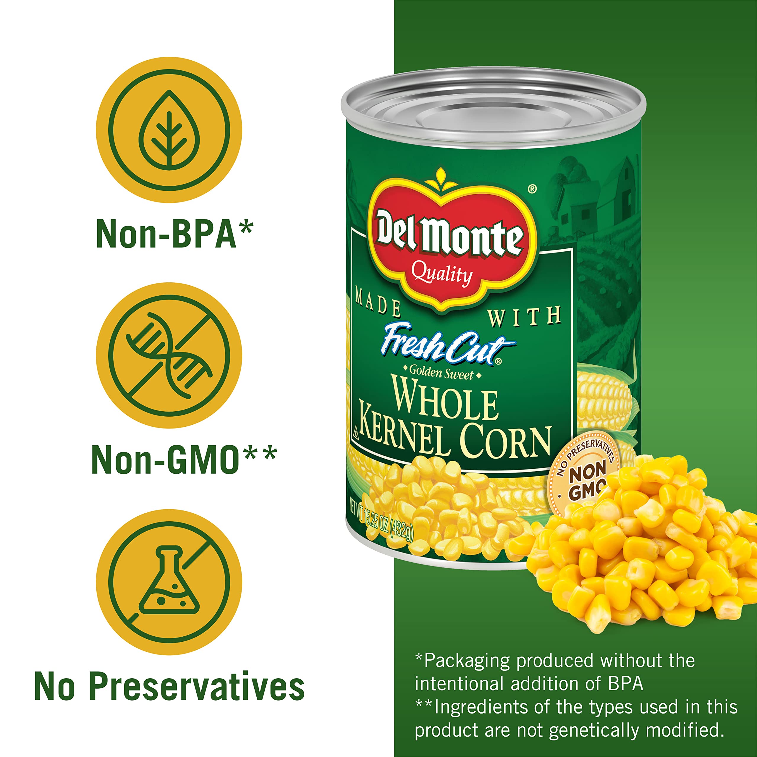 Three-ingredient Del Monte corn, water, and natural sea salt shown visually