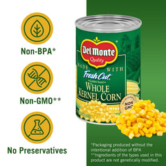 Three-ingredient Del Monte corn, water, and natural sea salt shown visually