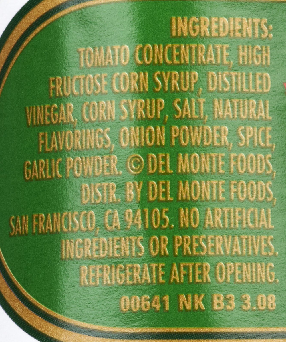 Del Monte ketchup beside fries and burgers emphasizing family-friendly flavor.