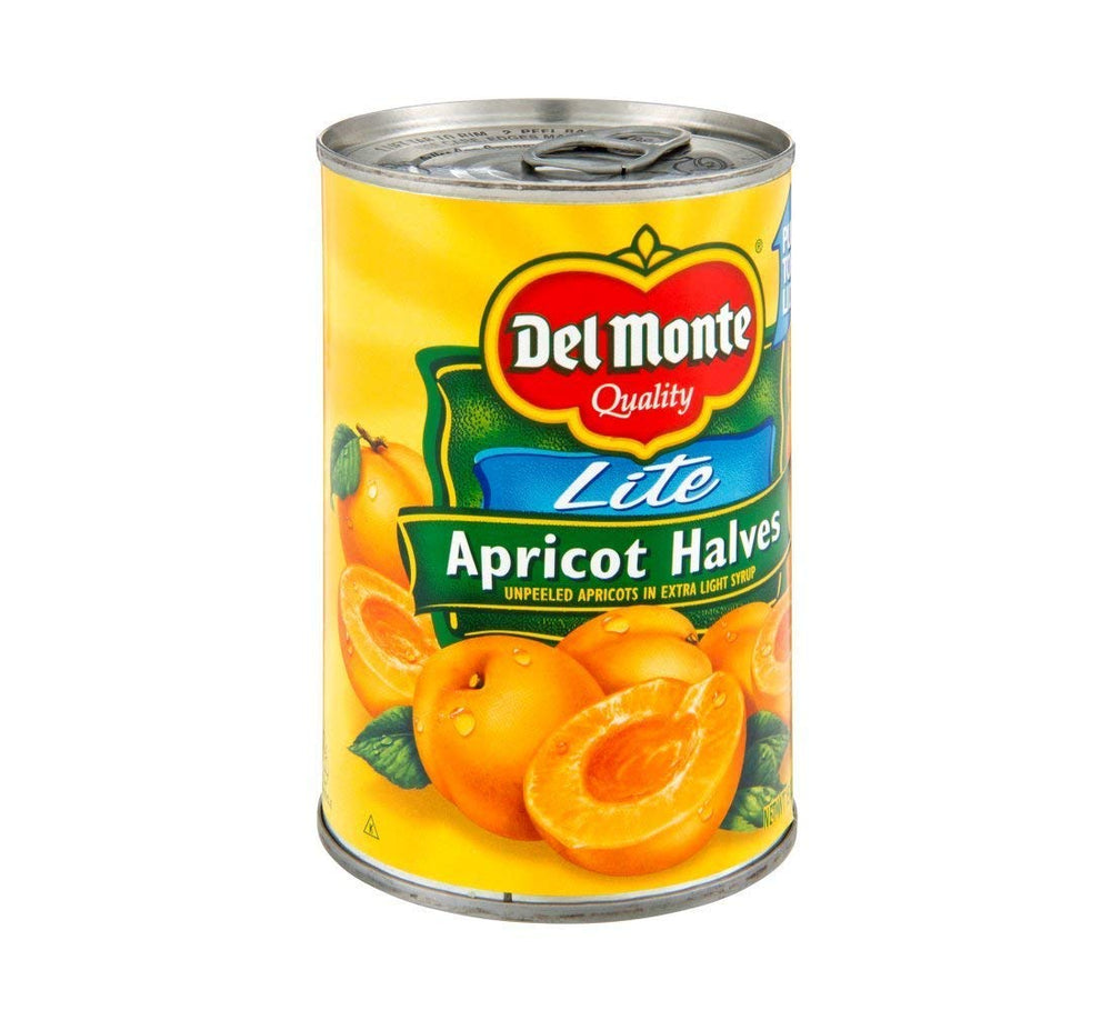 Del Monte Lite Apricot Halves in extra light syrup, ready-to-eat snack option.
