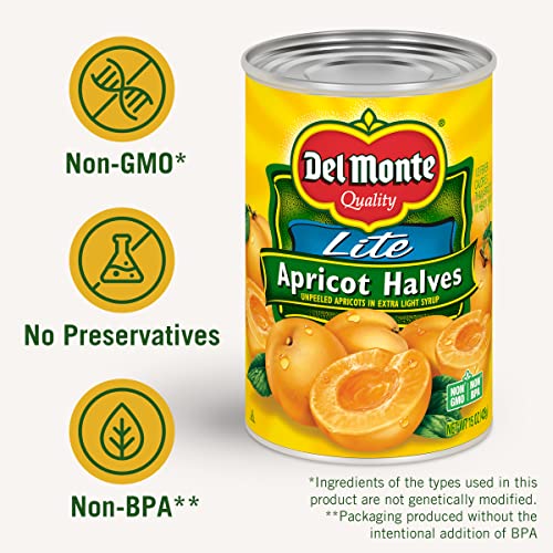 Close-up of Del Monte apricot halves in syrup, ideal for baking fillings.