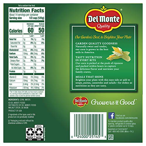 Del Monte no-salt-added corn in water, kernels ready to season to taste.