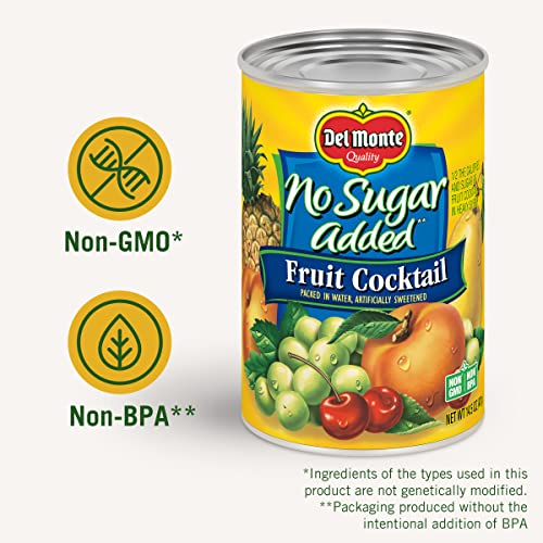 Del Monte No Sugar Added Fruit Cocktail can ingredients panel highlights components for quick pantry snacking