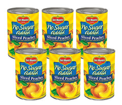Del Monte No Sugar Added peaches in six-pack cans for quick snacking