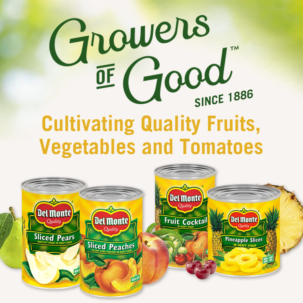 Del Monte 12-pack cans on shelf ideal for pantry snacks.