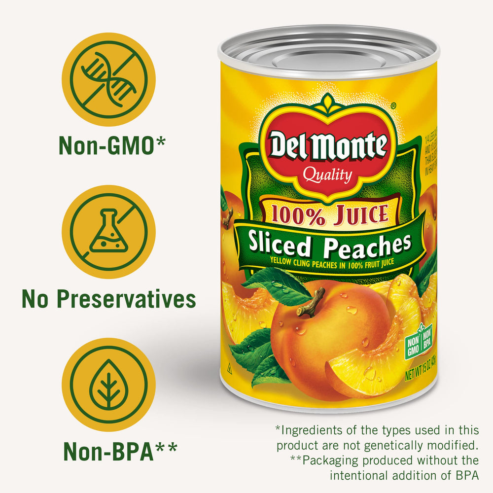 Del Monte peaches on kitchen shelf ready for meal prep.