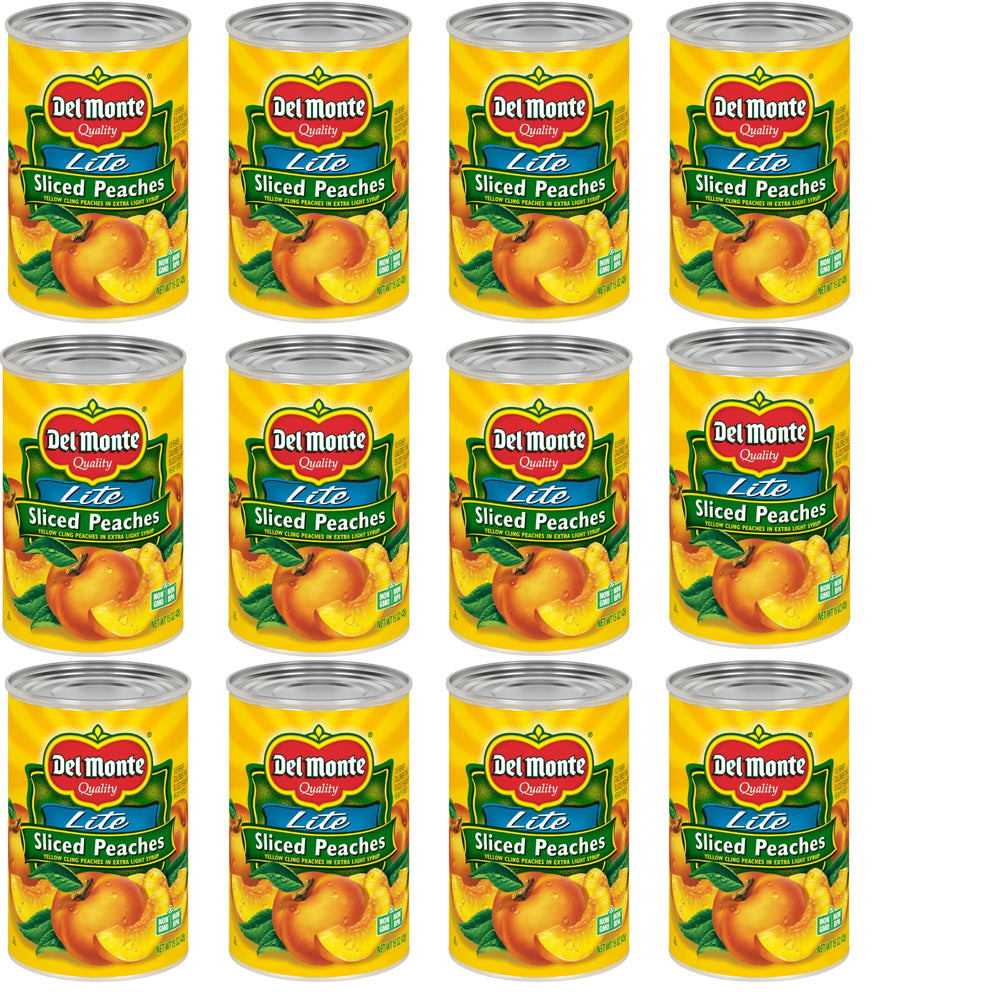 Del Monte peaches sliced yellow in can label for quick fruit snacking.