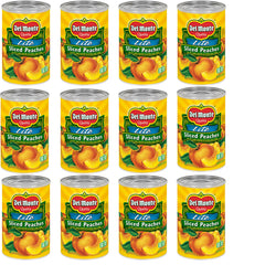 Del Monte peaches sliced yellow in can label for quick fruit snacking.
