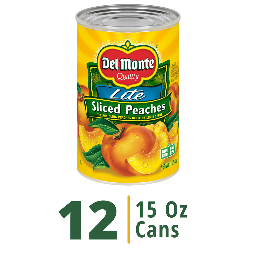 Del Monte peaches slices in extra light syrup ready for desserts.