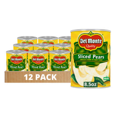 Del Monte pear slices in heavy syrup can, juicy and ready for a quick snack.