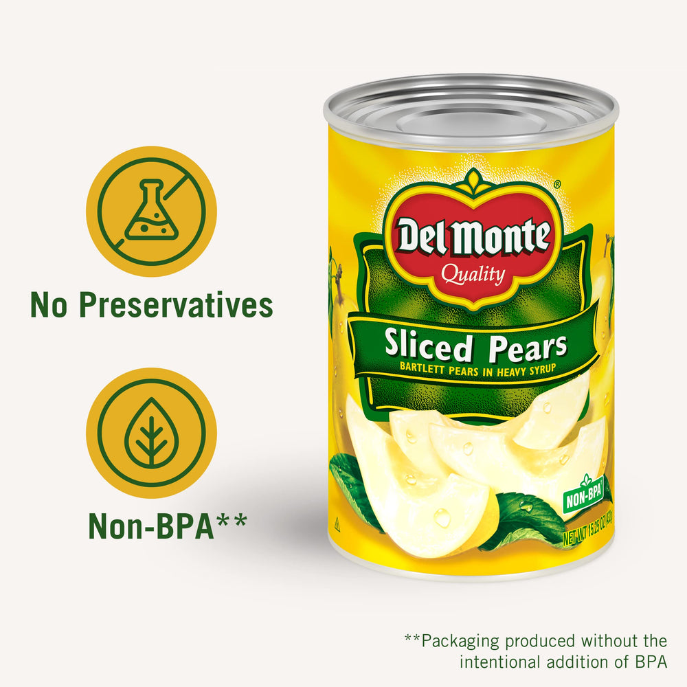 Del Monte pear slices on plate, ideal for easy snacking and recipes.